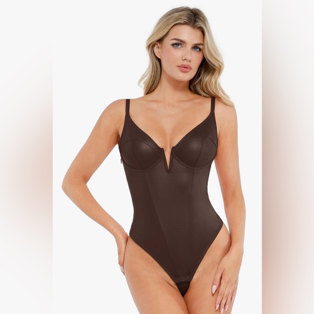 Popilush Faux Leather Plunging V Sculpting Corset Bodysuit